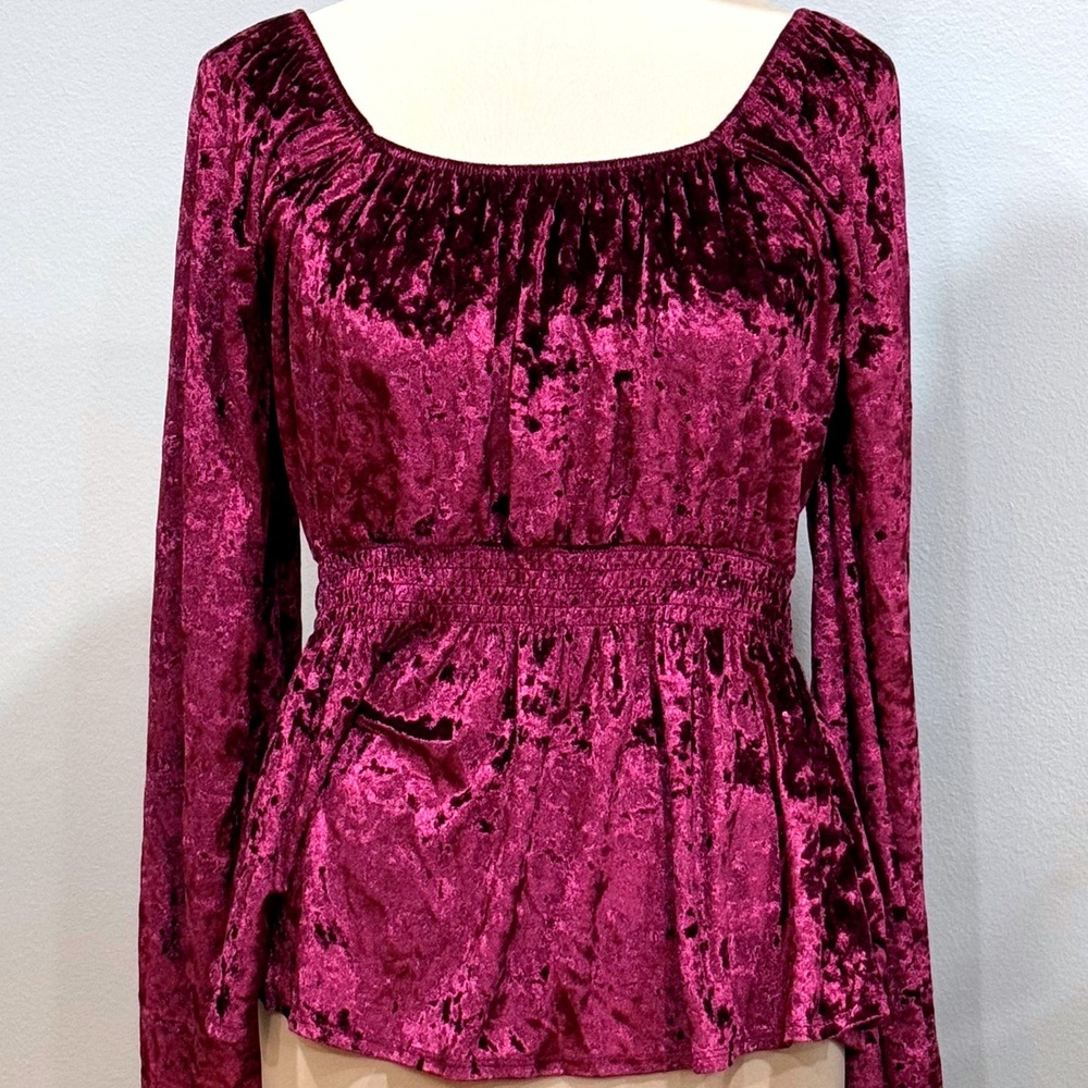 New Maurice's Crushed Velvet Smocked Waist Peplum Top Burgandy Medium Boho